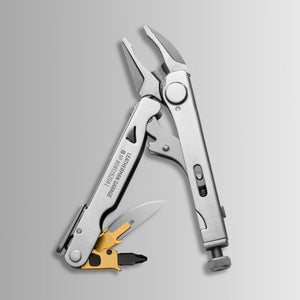 Translation missing: de.Stainless steel Batch #008: Captain's Crunch multitool with open pliers, knife blade, and gold bit holder showing interchangeable driver bits