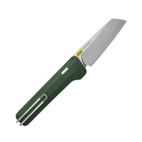 Translation missing: de.Leatherman Glider folding knife with Okra textured handle, stainless steel blade, and yellow thumb stud, shown open on a white background