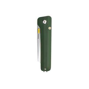 Translation missing: en.Leatherman Glider folding knife with Okra textured handle, stainless steel blade, and yellow thumb stud, shown close on a white background