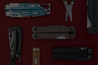 Translation missing: de.A variety of Leatherman tools in different styles are arranged on a vibrant red surface