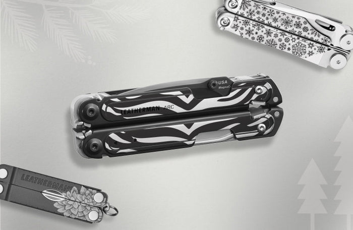 Translation missing: fr.Customized Leatherman multi-tools displayed on a light gray background, including a zebra-patterned Arc, a snowflake-engraved Wave+, and a Micra with floral engraving, with subtle holiday tree and pine graphics
