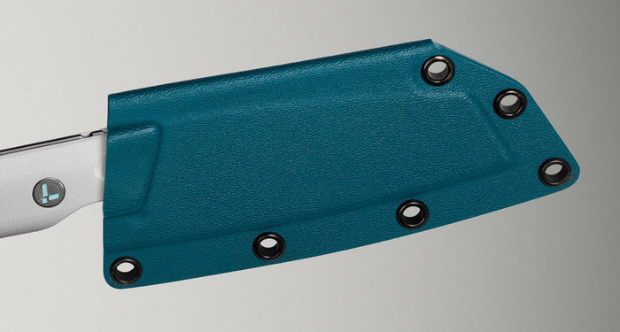 Translation missing: nl.Close-up of a knife encased in a teal Kydex sheath showcasing its textured surface and securing holes for safety and storage