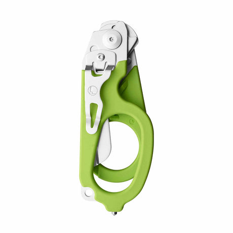 Translation missing: pl.Green Leatherman Raptor Rescue trauma shears folded, featuring the pocket clip and lanyard hole