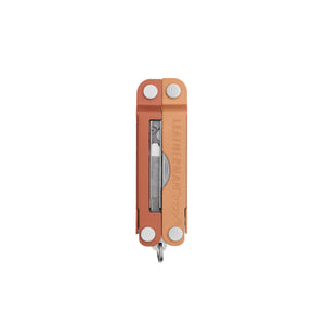 Translation missing: fr.Pumpkin Spice Leatherman Micra® multi-tool closed, showcasing the tweezers and Leatherman brand on one handle