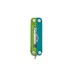Translation missing: de.Teal Twist Leatherman Micra® multi-tool closed, showcasing the tweezers and Leatherman brand on one handle