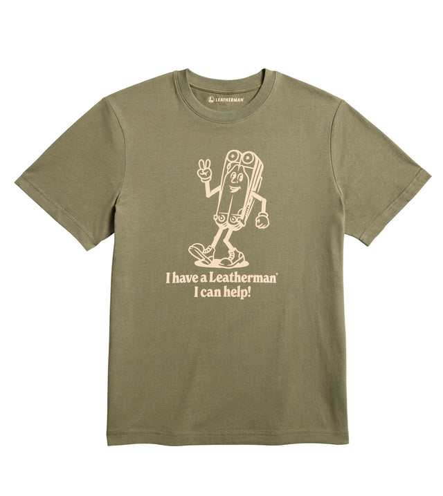Translation missing: it.Olive khaki tee shirt with the Mr. Wave logo displaying a character based on the Wave with the slogan 'I have a Leatherman, I can help!"