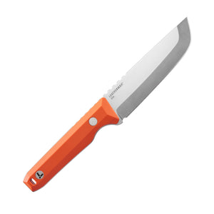 Translation missing: en.Leatherman Pioneer knife with Orange pop handle, stainless steel blade shown open on a white background