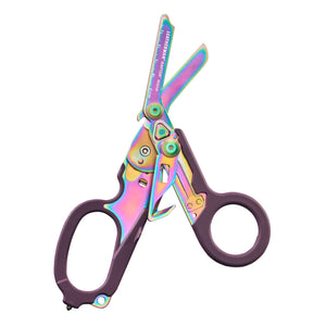 Translation missing: de.Raptor® Rescue folding shears in Rainbow color with purple handles, shown open to display blades and tool details
