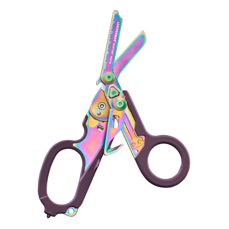 Translation missing: pl.Raptor® Rescue folding shears in Rainbow color with purple handles, shown open to display blades and tool details
