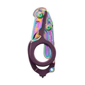 Translation missing: de.Folded Raptor® Rescue tool with Rainbow finish and dark handle, showing the ring grip and compact profile