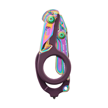 Translation missing: pl.Folded Raptor® Rescue tool with Rainbow finish and dark handle, showing the ring grip and compact profile