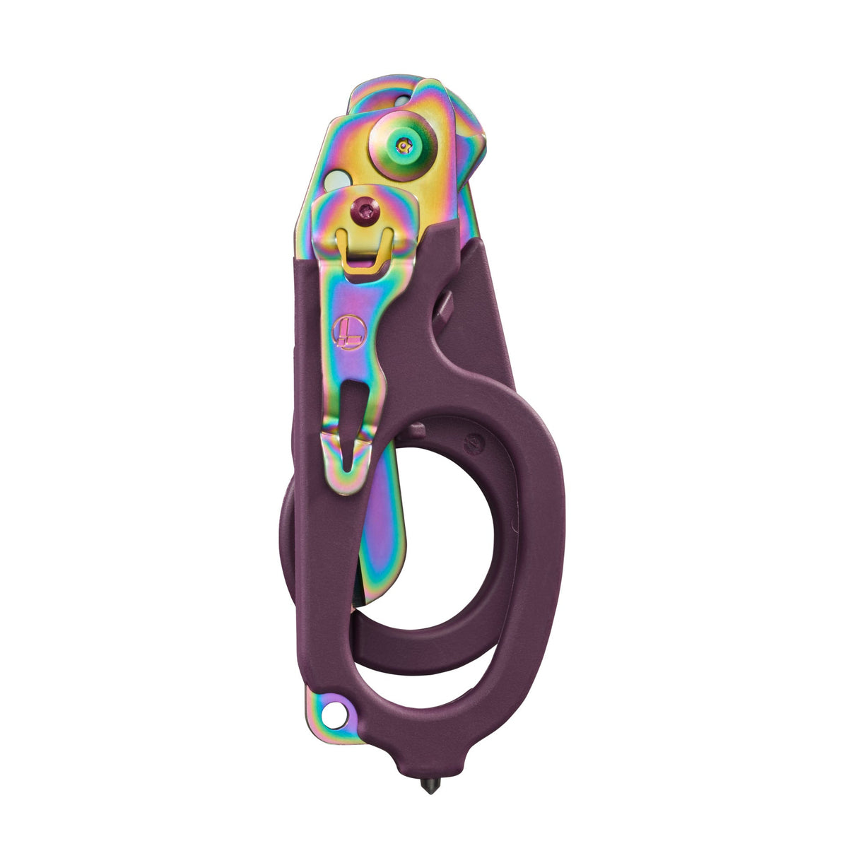 Translation missing: de.Folded Raptor® Rescue tool with Rainbow metal components and dark purple handles
