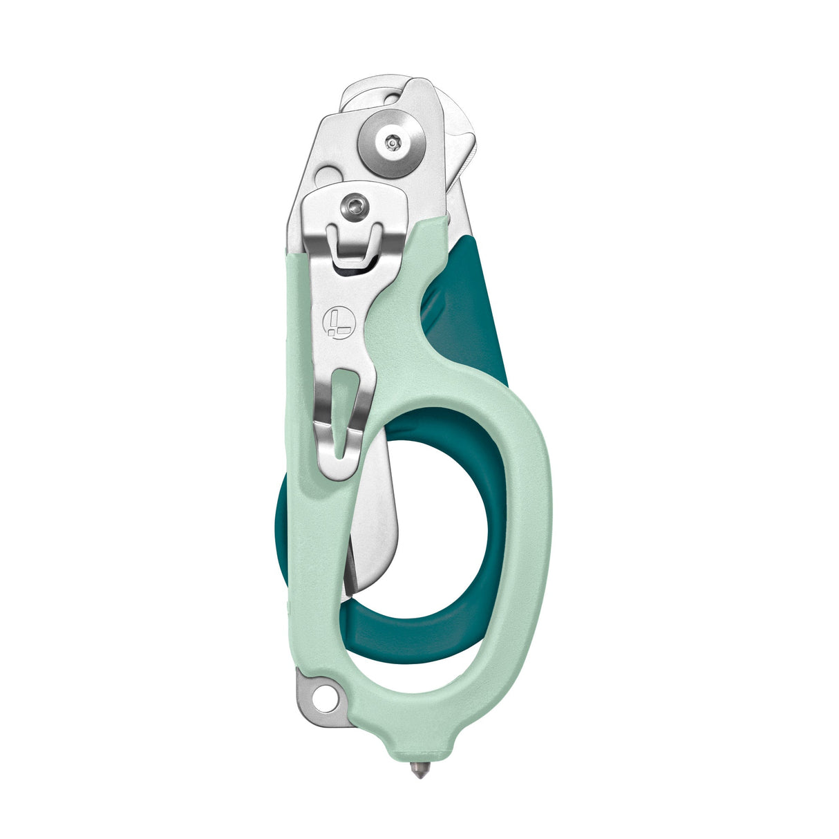 Translation missing: en.Icy Mint Leatherman Raptor Rescue trauma shears folded, featuring the pocket clip and lanyard hole