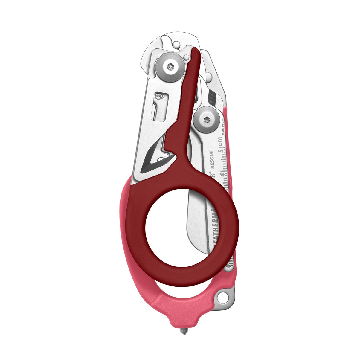 Translation missing: es.Raspberry Rose Leatherman Raptor Rescue trauma shears folded, showcasing its compact size