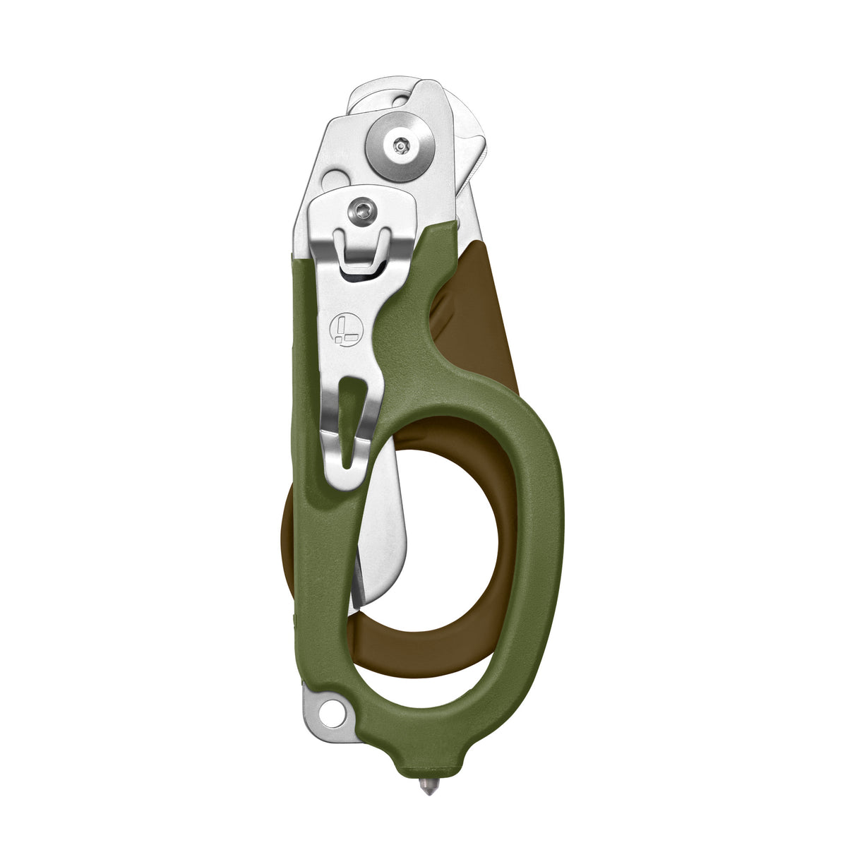 Translation missing: nl.Woodland Leatherman Raptor Rescue trauma shears folded, featuring the pocket clip and lanyard hole