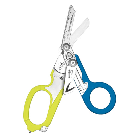 Translation missing: pl.Open Yellow and Blue Leatherman Raptor Rescue trauma shears with premium scissors and various tools