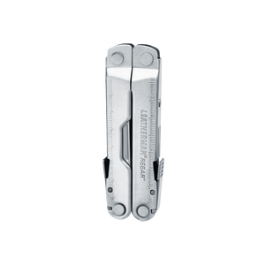Translation missing: de.Close-up of the stainless steel Leatherman Rebar® multi-tool closed, showcasing its sleek design and compact ability