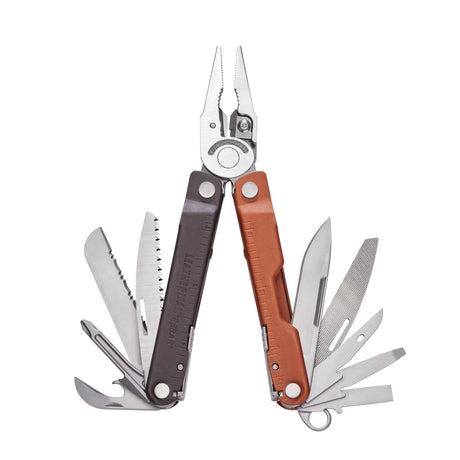 Translation missing: pl.Burnt Sienna Leatherman Rebar® multi-tool with pliers and various tools extended, showcasing durable design
