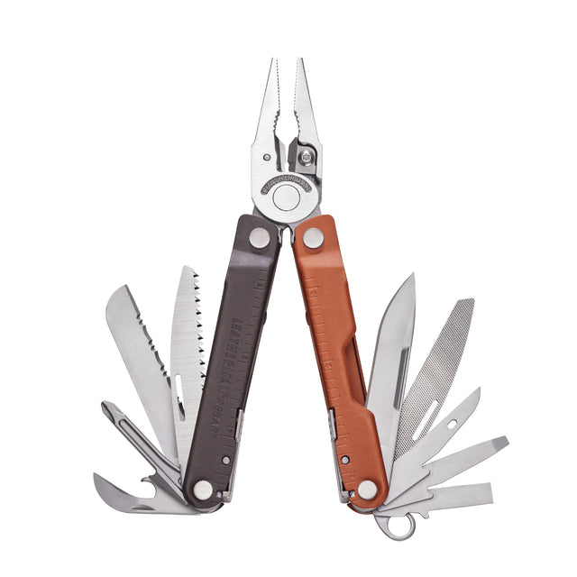 Translation missing: fr.Burnt Sienna Leatherman Rebar® multi-tool with pliers and various tools extended, showcasing durable design