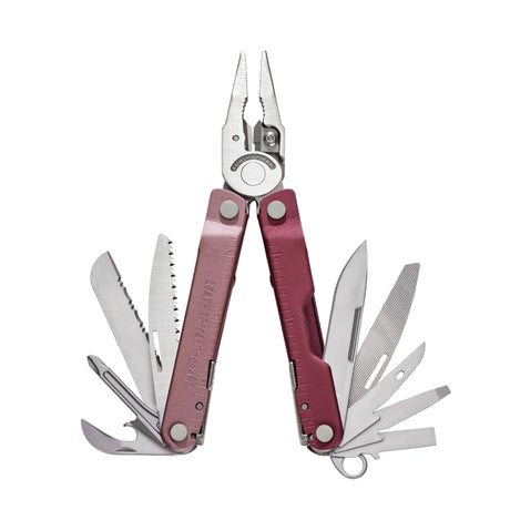 Translation missing: pl.Heathered Cranberry Leatherman Rebar® multi-tool with pliers and various tools extended, showcasing durable design