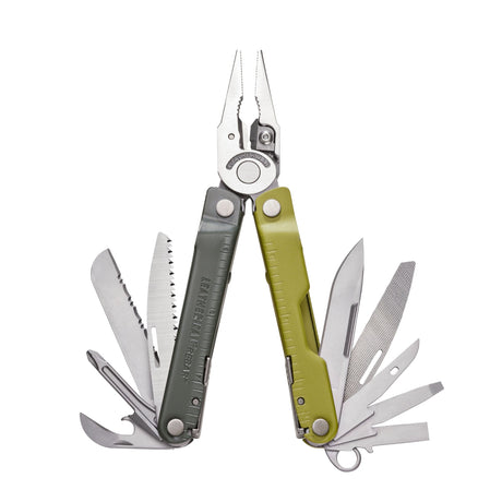 Translation missing: it.Mossy Slate Leatherman Rebar® multi-tool with pliers and various tools, showcasing the durable design and ergonomic handles