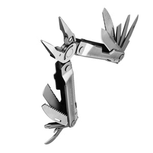 Translation missing: de.Stainless steel Leatherman Rebar® multi-tool beauty image showing the various tools and features