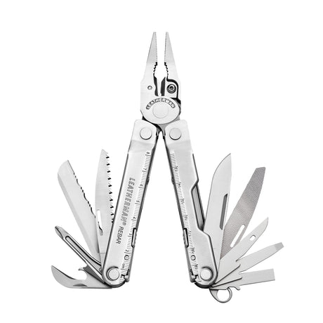 Translation missing: pl.Stainless Steel Leatherman Rebar® multi-tool with pliers and various cutting tools displayed open
