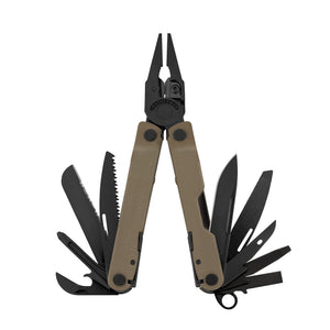 Translation missing: pl.Coyote Tan Leatherman Rebar® multi-tool with pliers and various tools deployed