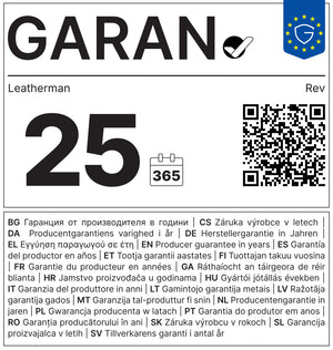 Translation missing: en.Leatherman Rev warranty label showing 25‑year producer guarantee with QR code and multilingual text