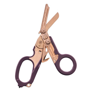 Translation missing: fr.Raptor® Rescue shears in Rose Gold with purple handles, shown open to display blades and integrated tools