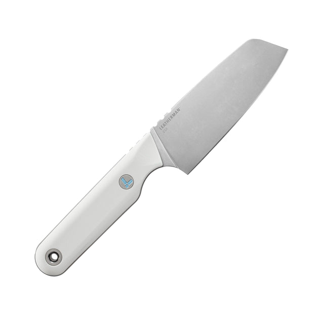 Translation missing: de.Leatherman Rustle Alpine knife with a stonewashed stainless blade and sleek white handle, positioned at an angle on a white background