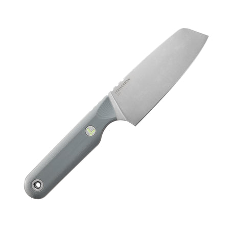 Translation missing: de.A Leatherman Rustle knife in Vapor Grey, showing the full profile of the knife with its sleek grey handle and compact blade against a white background