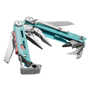 Translation missing: fr.Aqua and stainless Leatherman Signal® multitool beauty image showing the various tools and features