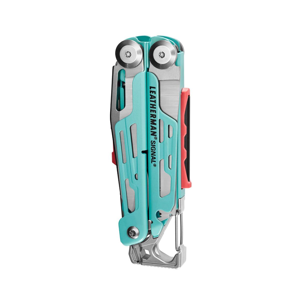 Translation missing: fr.Aqua and stainless Leatherman Signal® multi-tool closed, showcasing its compact design