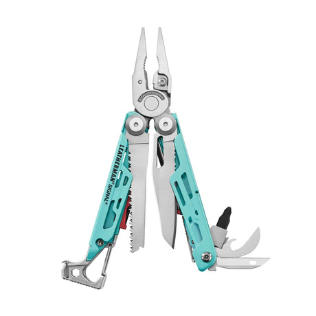 Translation missing: it.Aqua and stainless Leatherman Signal® multi-tool showcasing pliers, blades, and other essential features for outdoor adventures