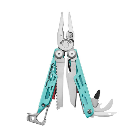Translation missing: it.Aqua and stainless Leatherman Signal® multi-tool showcasing pliers, blades, and other essential features for outdoor adventures