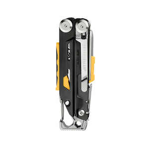 Translation missing: fr.Black &amp; Stainless Leatherman Signal® multi-tool closed, featuring pocket clip, hammer, and various functions for outdoor and emergency use