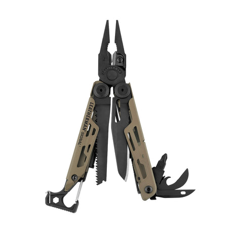 Translation missing: it.Coyote Tan Leatherman Signal® multi-tool showcasing pliers, blades, and other essential features for outdoor adventures