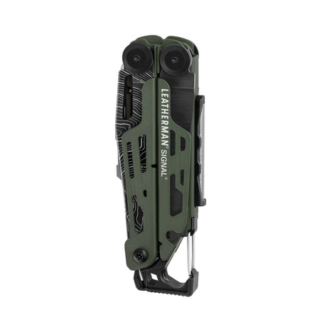 Translation missing: nl.Closed green Leatherman Signal multitool with black accents and carabiner clip