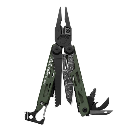 Translation missing: nl.Green Leatherman Signal multitool fanned open, showing pliers, blades, saw, bit driver, and carabiner clip
