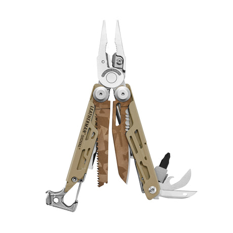 Translation missing: es.Tan Leatherman Signal Sandstorm multitool open, showing pliers, saw, blade, bit driver and other fold-out tools