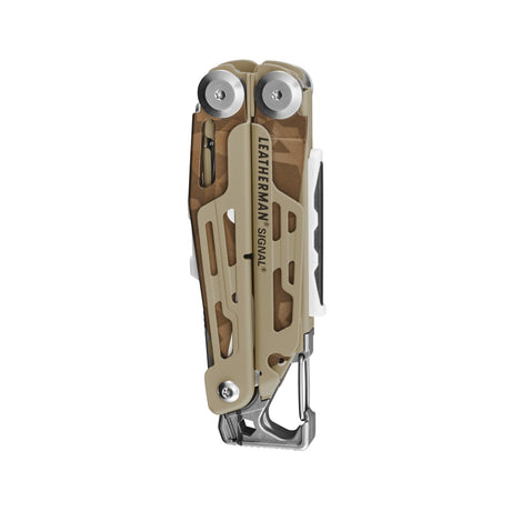 Translation missing: es.Folded tan and brown Leatherman Signal multitool with carabiner clip