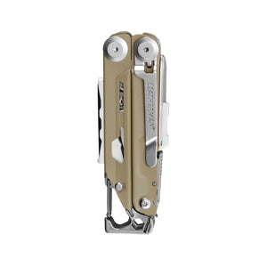 Translation missing: es.Folded beige and silver Leatherman Signal multitool with carabiner clip visible