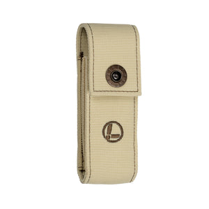Translation missing: es.Tan nylon belt pouch with snap-closure flap and circular stitched logo on the front
