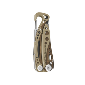Translation missing: fr.Folded Leatherman Skeletool Cx multitool in Sandstorm color with carabiner clip and cutout handles