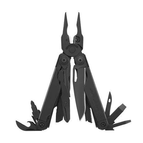 Translation missing: it.Black Leatherman Surge® multi-tool with pliers, blades, and various tools displayed in an open position