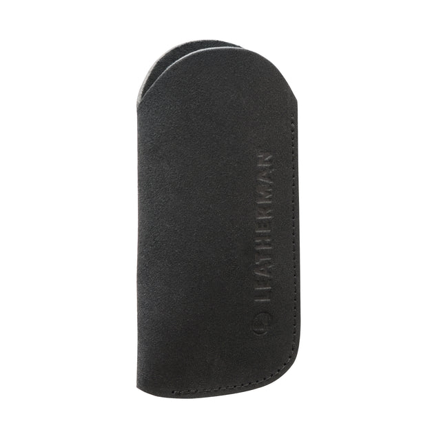 Translation missing: it.A black suede leather tool sleeve featuring an embossed vertical “LEATHERMAN” logo and the company’s circular emblem near the stitched edge, displayed against a white background