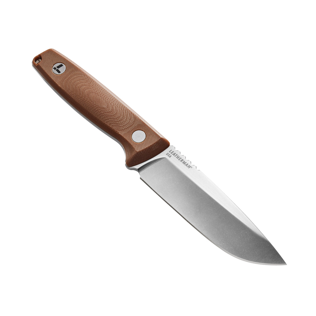 Translation missing: en.Leatherman Trac Earth Brown fixed-blade knife with a stainless steel drop point blade and brown textured handle featuring the Leatherman logo, displayed on a white background