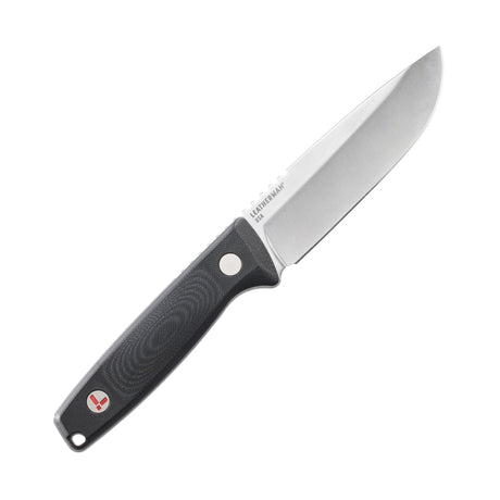 Translation missing: es.Leatherman Trac Jet Black fixed-blade knife with a full tang stainless steel blade and textured black handle, displayed on a white background