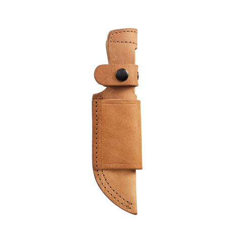 Translation missing: nl.Tan leather belt sheath with black snap closures and reinforced stitching, designed to securely hold a fixed-blade knife